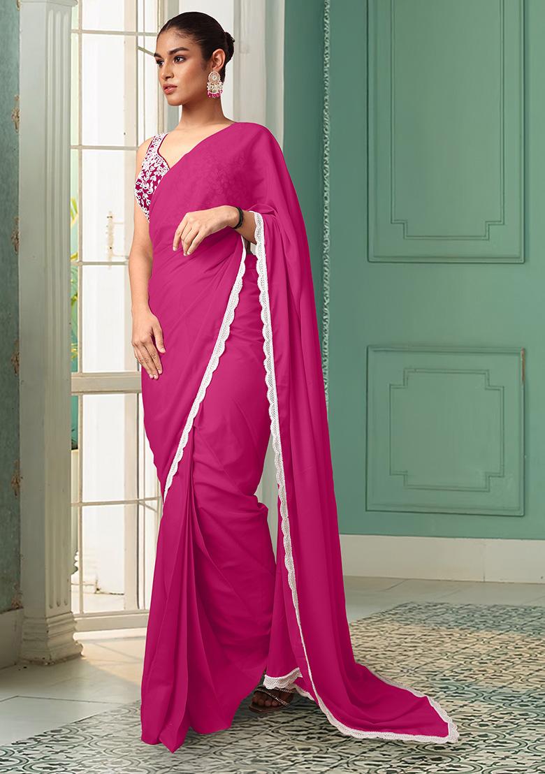 Pink Pre-Stitched Saree Set With Hand Embroidered Blouse