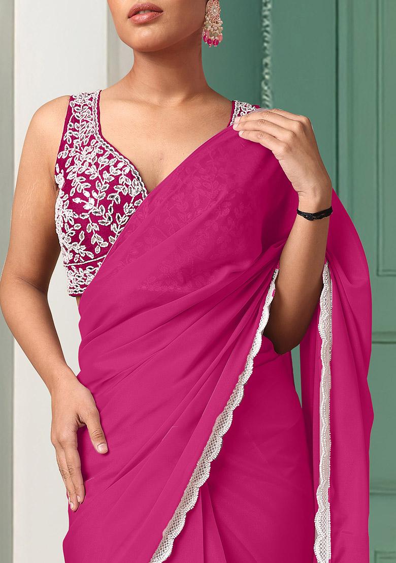 Pink Pre-Stitched Saree Set With Hand Embroidered Blouse