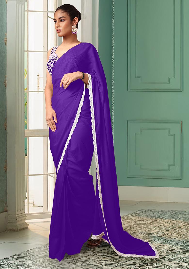 Blue Pre-Stitched Saree Set With Hand Embroidered Blouse