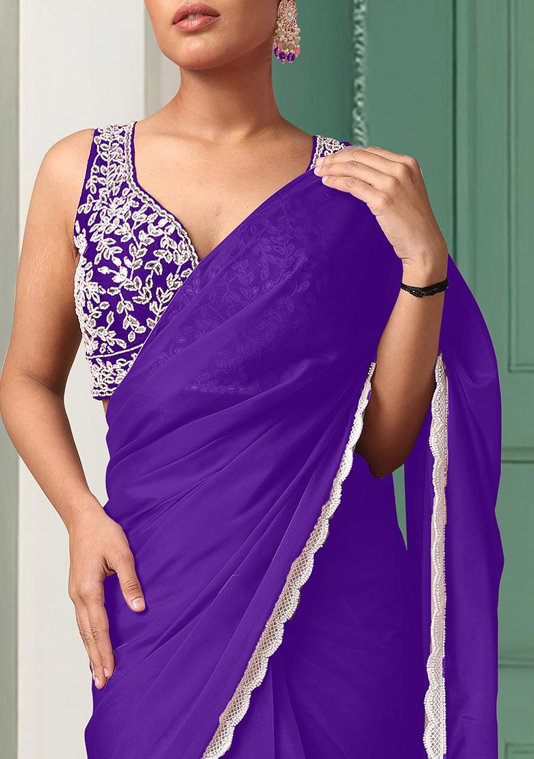 Blue Pre-Stitched Saree Set With Hand Embroidered Blouse