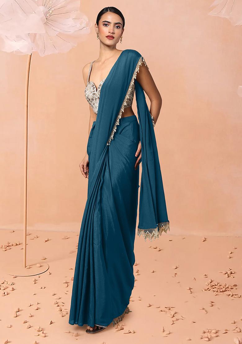 Blue Pre-Stitched Saree Set With Hand Embroidered Blouse