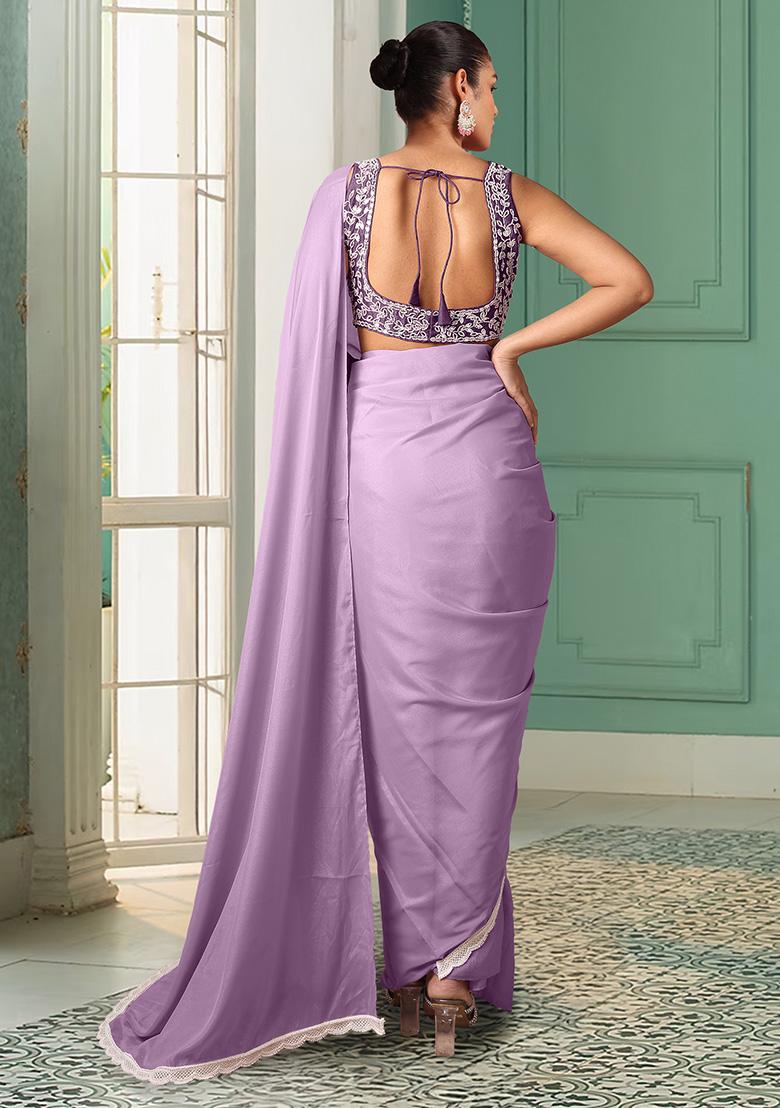 Lilac Pre-Stitched Saree Set With Hand Embroidered Blouse