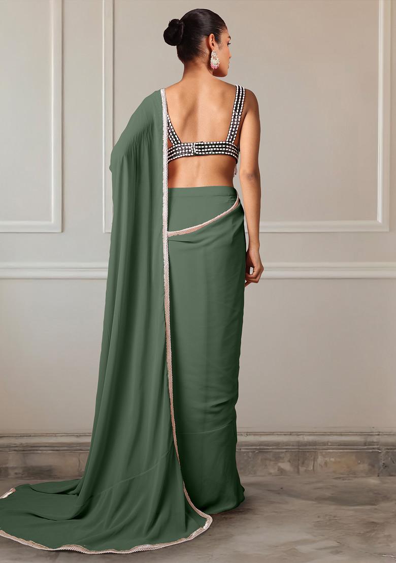 Green Pre-Stitched Saree Set With Hand Embroidered Blouse