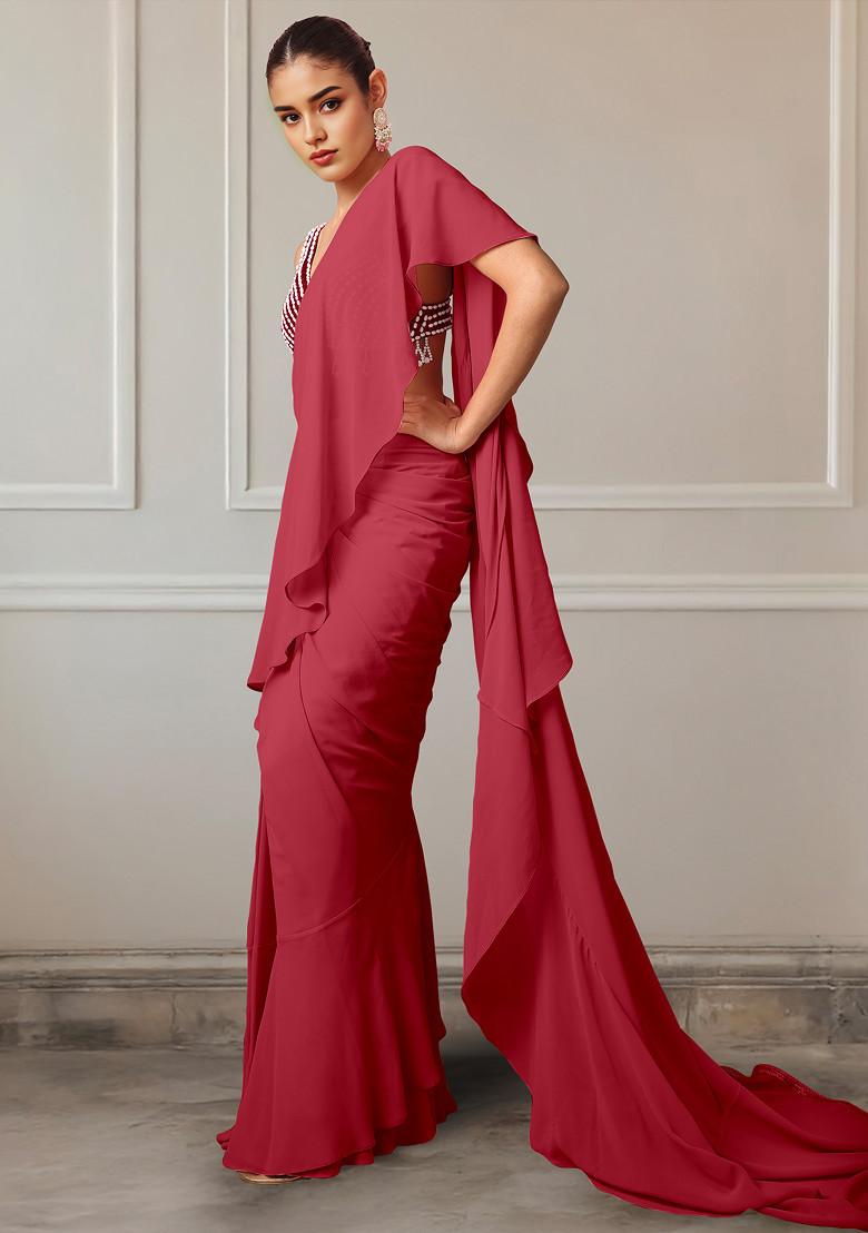 Red Pre-Stitched Saree Set With Hand Embroidered Blouse