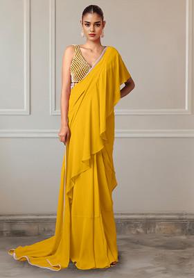 Yellow Pre-Stitched Saree Set With Hand Embroidered Blouse