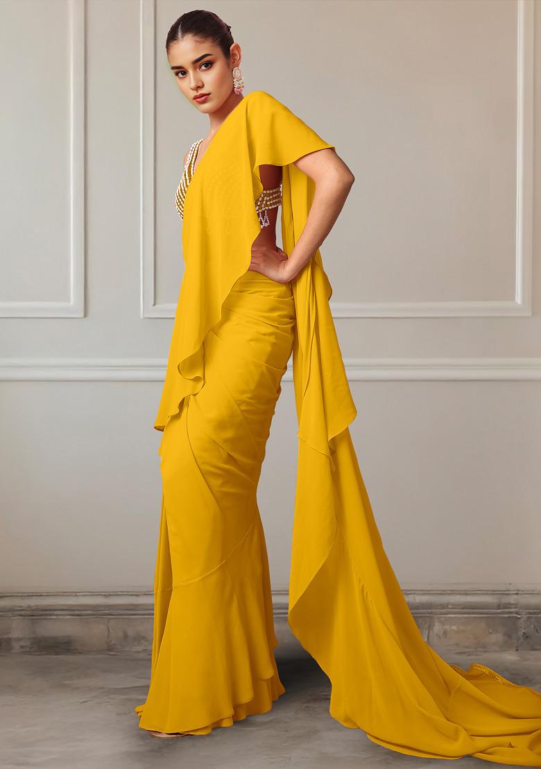 Yellow Pre-Stitched Saree Set With Hand Embroidered Blouse