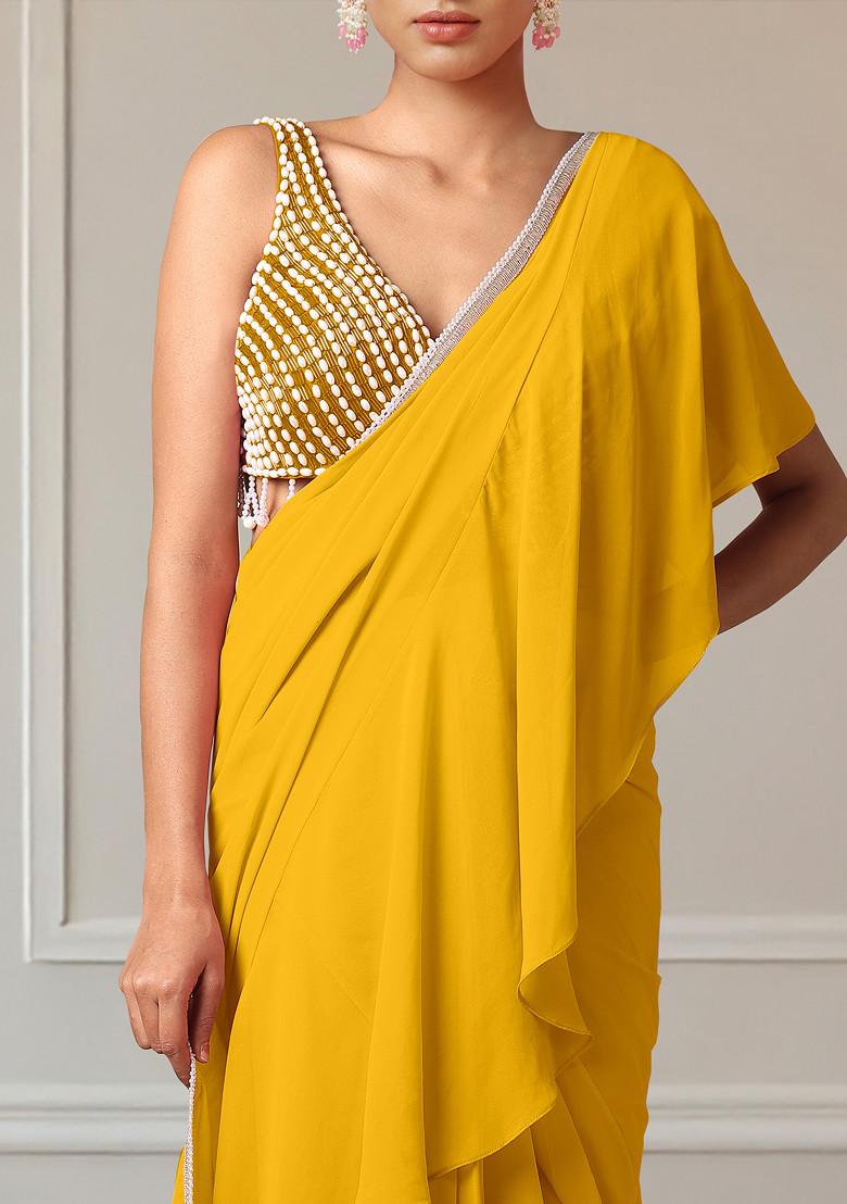 Yellow Pre-Stitched Saree Set With Hand Embroidered Blouse