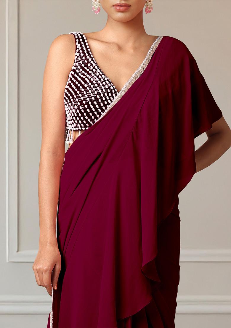 Maroon Pre-Stitched Saree Set With Hand Embroidered Blouse