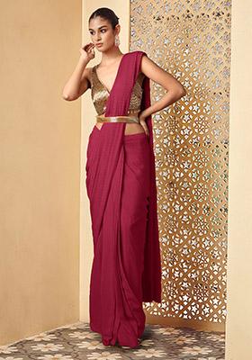 Maroon Pre-Stitched Saree Set With Hand Embroidered Blouse And Belt