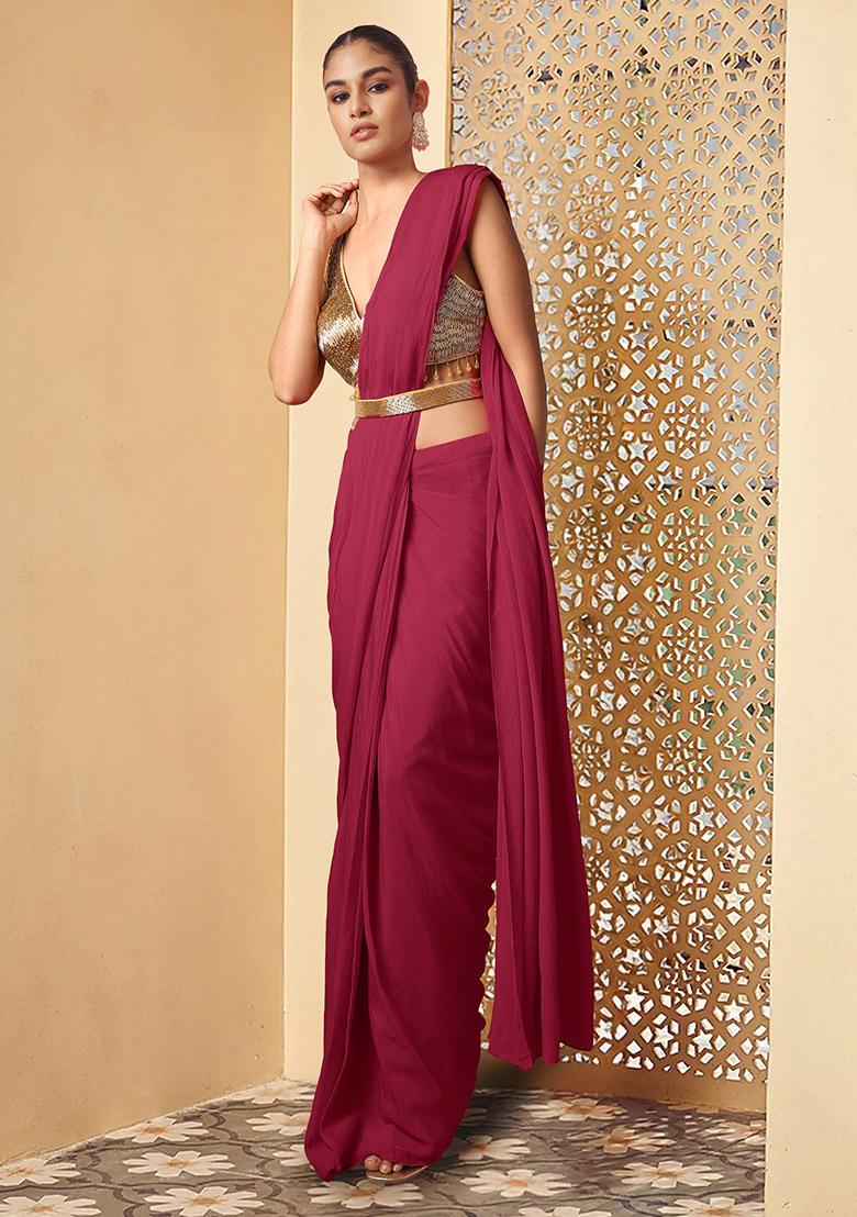 Maroon Pre-Stitched Saree Set With Hand Embroidered Blouse And Belt
