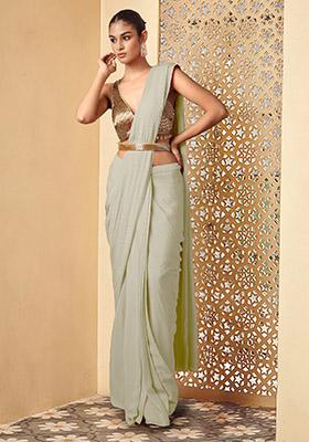 White Pre-Stitched Saree Set With Hand Embroidered Blouse And Belt