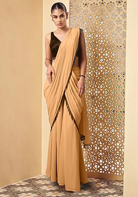 Peach Pre-Stitched Palazzo Saree Set With Hand Embroidered Blouse