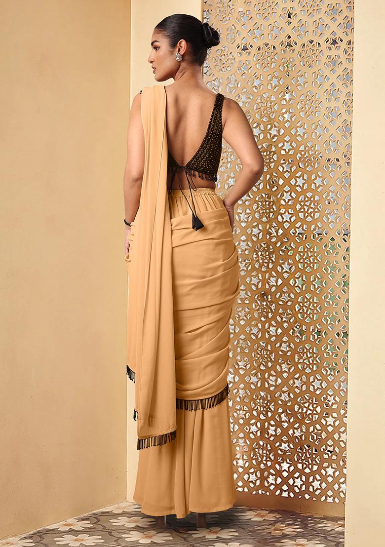 Peach Pre-Stitched Saree Set With Hand Embroidered Blouse