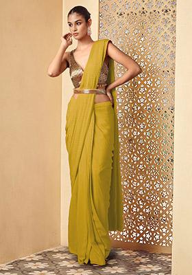 Yellow Pre-Stitched Saree Set With Hand Embroidered Blouse And Belt