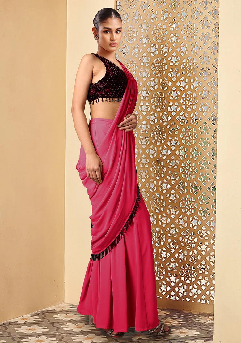 Pink Pre-Stitched Saree Set With Hand Embroidered Blouse
