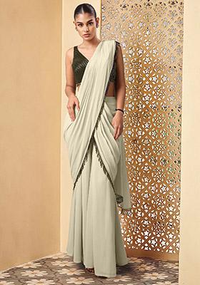 Grey Pre-Stitched Palazzo Saree Set With Hand Embroidered Blouse
