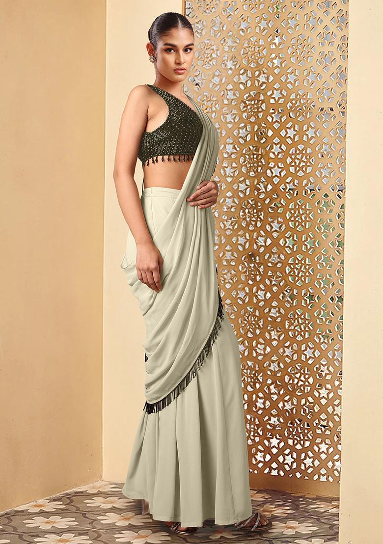 Grey Pre-Stitched Saree Set With Hand Embroidered Blouse