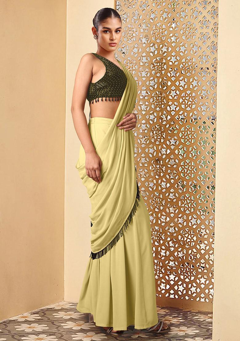 Yellow Pre-Stitched Saree Set With Hand Embroidered Blouse