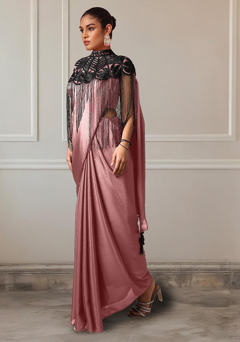 Pink Pre-Stitched Saree Set With Hand Embroidered Blouse And Cape