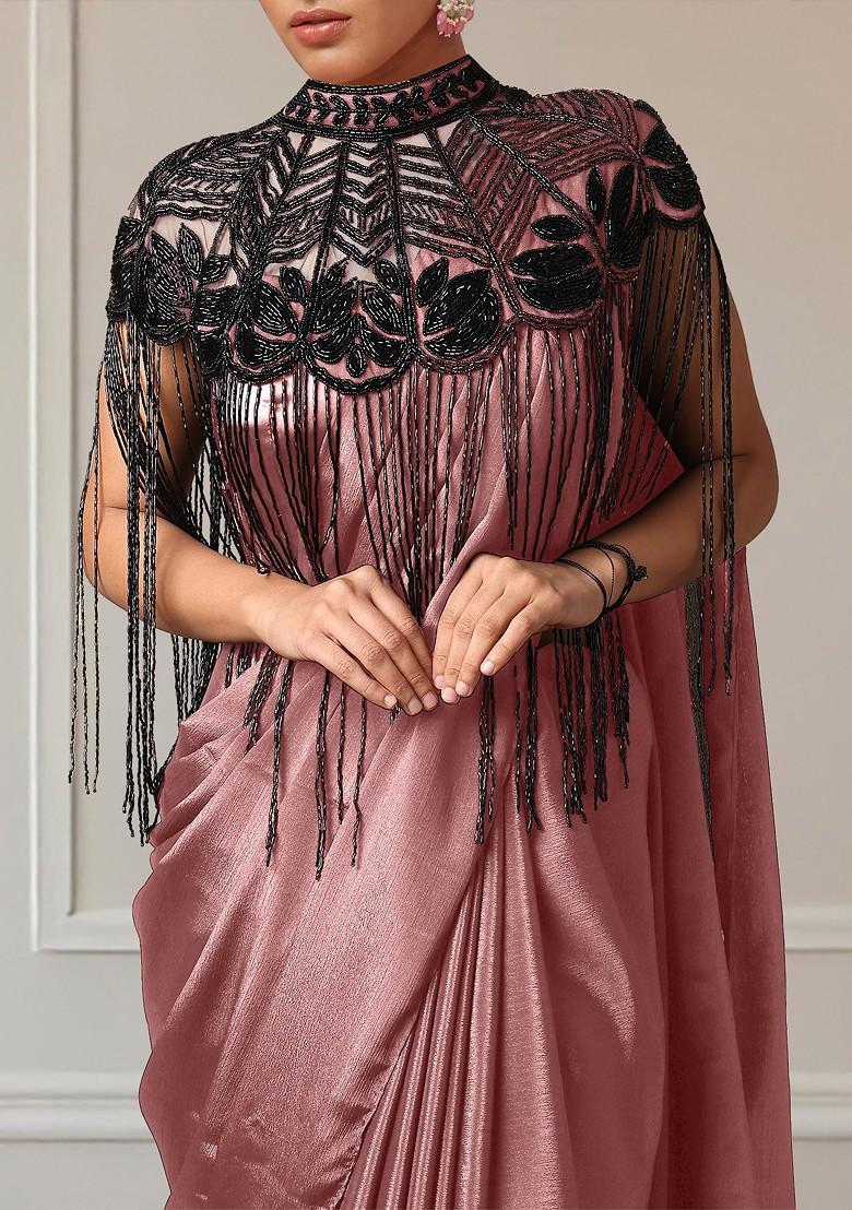 Pink Pre-Stitched Saree Set With Hand Embroidered Blouse And Cape