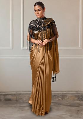 Brown Pre-Stitched Saree Set With Hand Embroidered Blouse And Cape