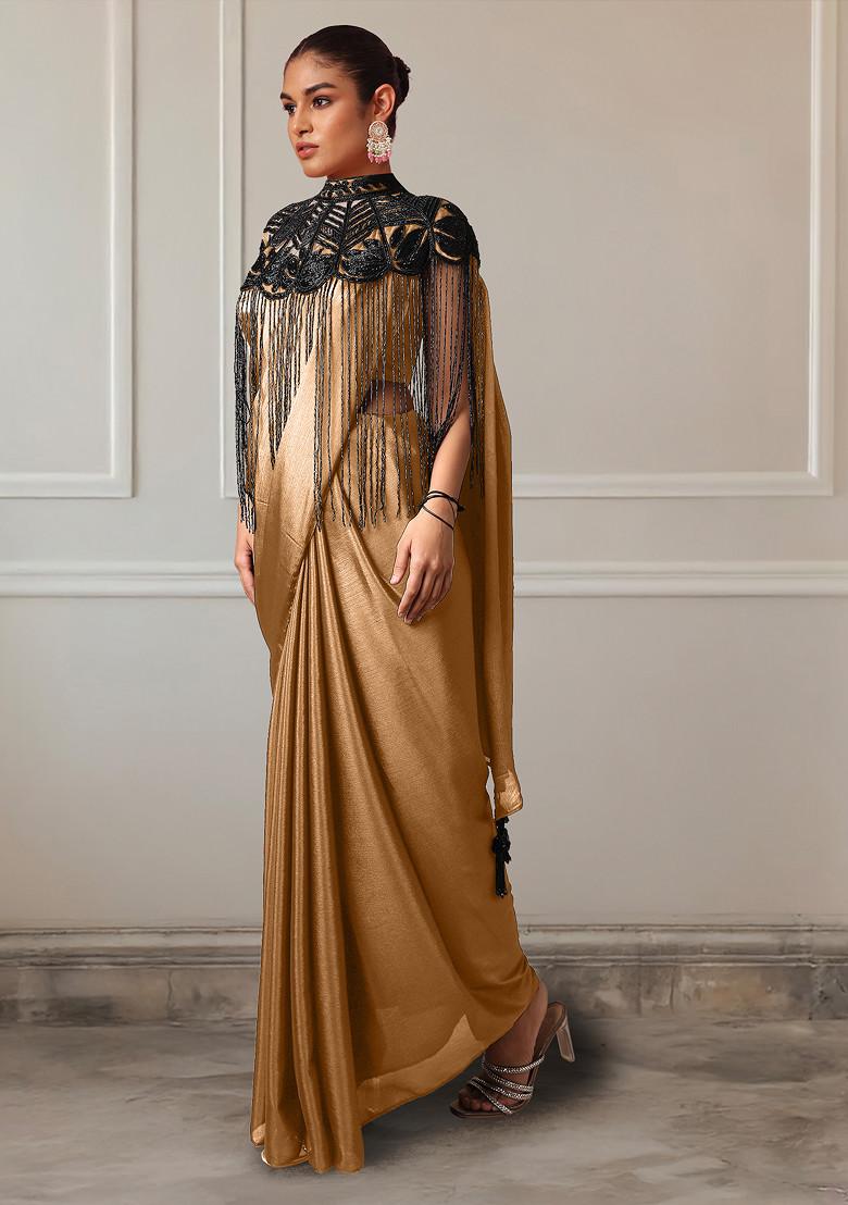 Brown Pre-Stitched Saree Set With Hand Embroidered Blouse And Cape