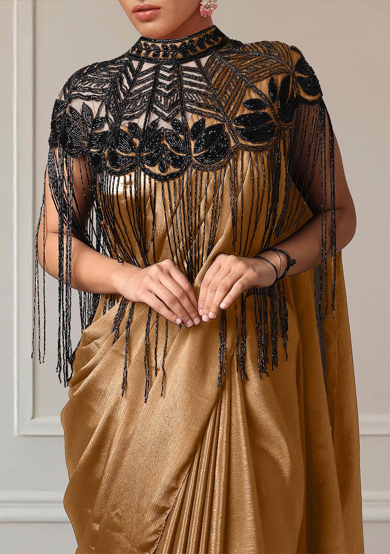 Brown Pre-Stitched Saree Set With Hand Embroidered Blouse And Cape