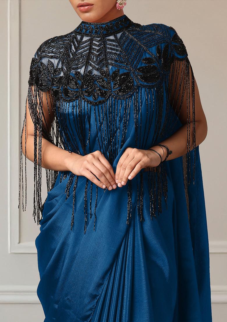 Blue Pre-Stitched Saree Set With Hand Embroidered Blouse And Cape