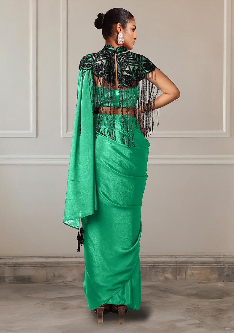 Green Pre-Stitched Saree Set With Hand Embroidered Blouse And Cape