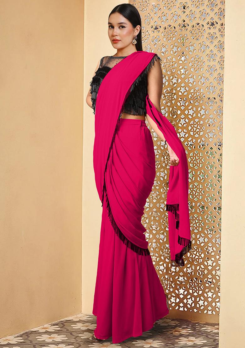 Pink Pre-Stitched Saree Set With Hand Embroidered Blouse