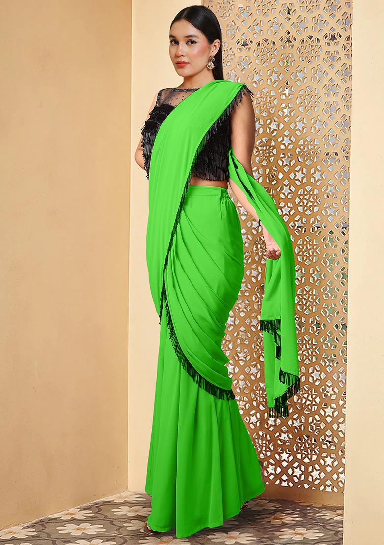 Green Pre-Stitched Saree Set With Hand Embroidered Blouse