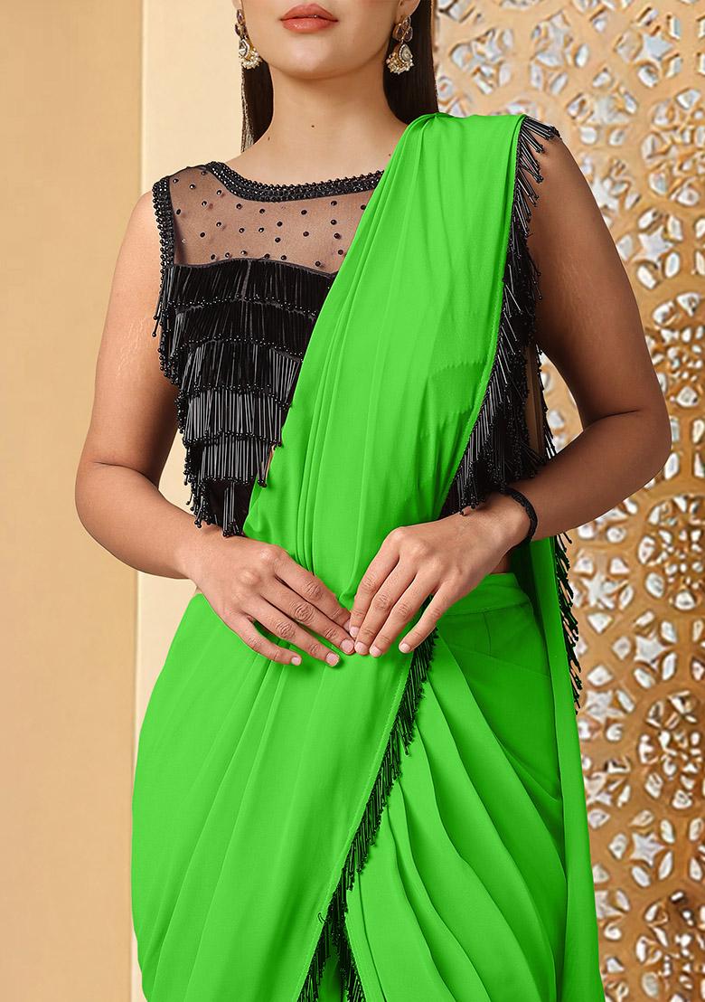 Green Pre-Stitched Saree Set With Hand Embroidered Blouse
