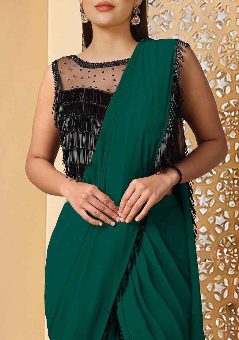 Green Pre-Stitched Saree Set With Hand Embroidered Blouse