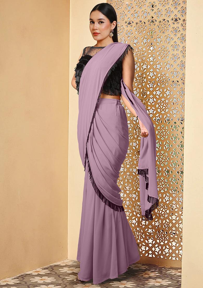 Purple Pre-Stitched Saree Set With Hand Embroidered Blouse