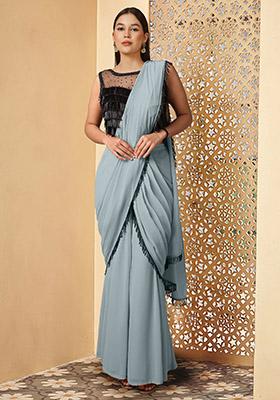 Grey Pre-Stitched Palazzo Saree Set With Hand Embroidered Blouse