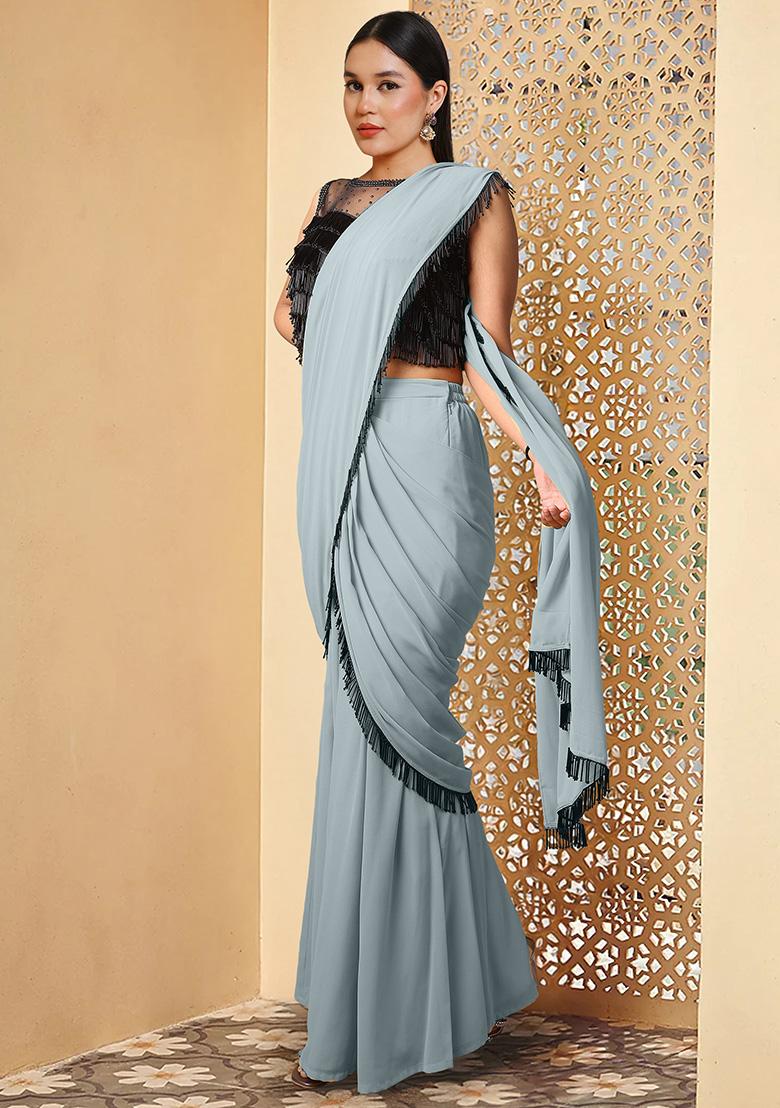 Grey Pre-Stitched Saree Set With Hand Embroidered Blouse