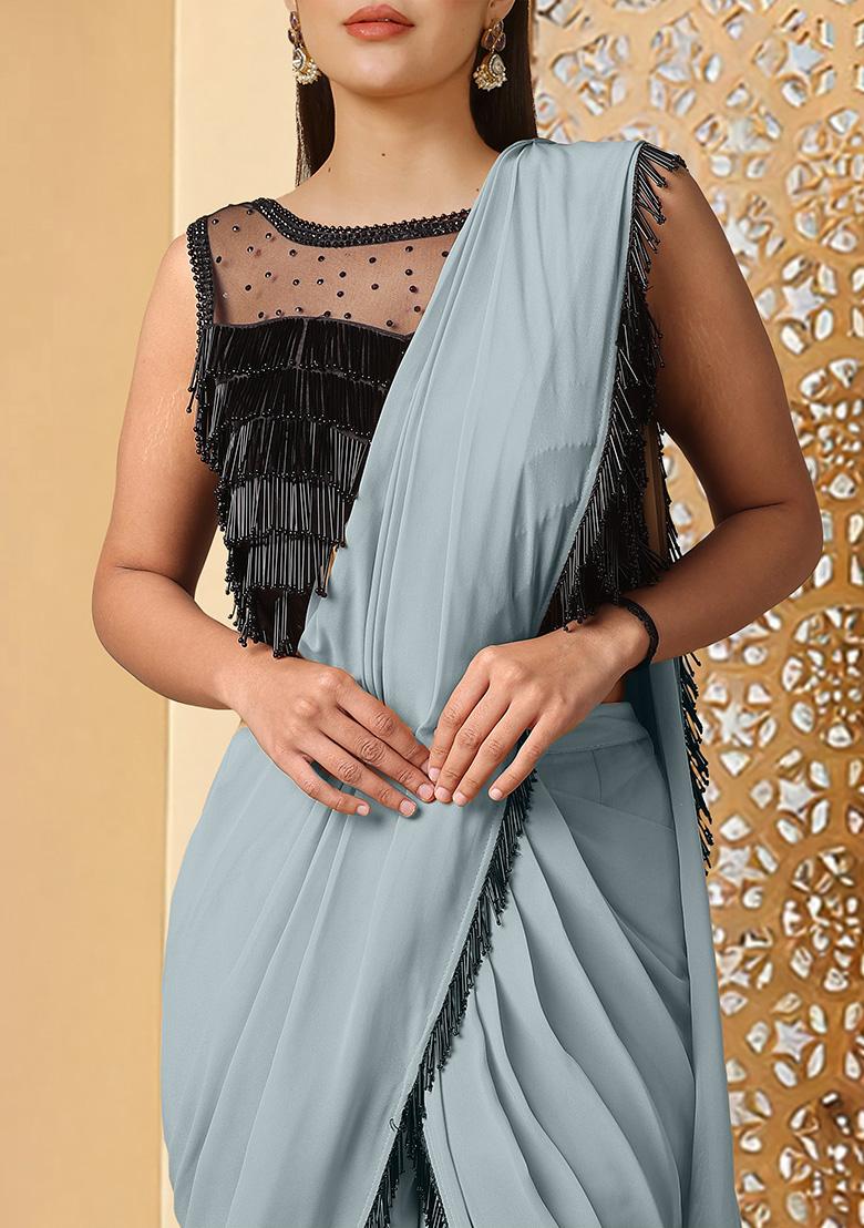 Grey Pre-Stitched Saree Set With Hand Embroidered Blouse