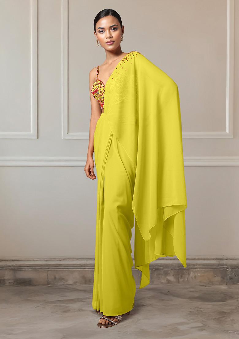 Yellow Pre-Stitched Saree Set With Hand Embroidered Blouse