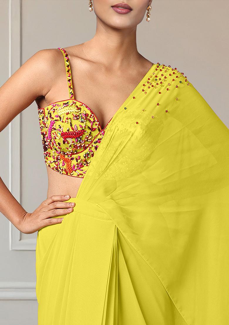 Yellow Pre-Stitched Saree Set With Hand Embroidered Blouse