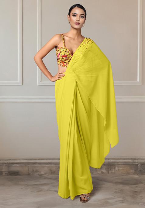 Yellow Pre-Stitched Saree Set With Hand Embroidered Blouse