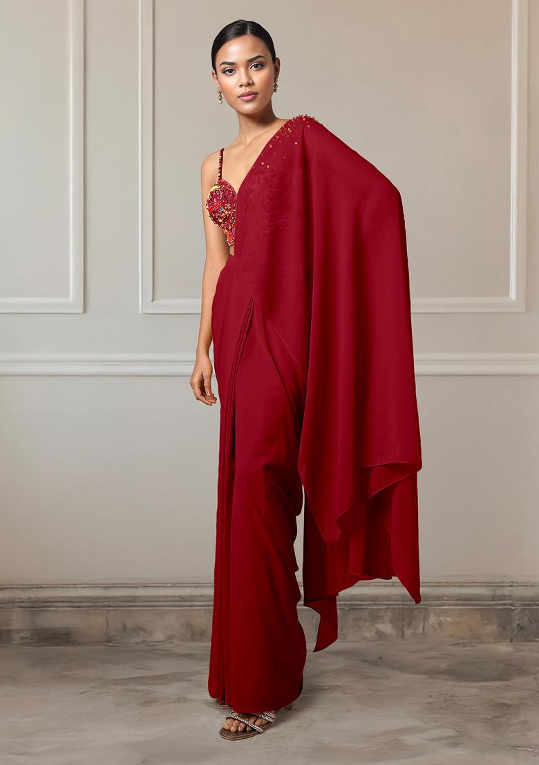 Red Pre-Stitched Saree Set With Hand Embroidered Blouse