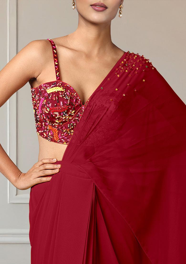 Red Pre-Stitched Saree Set With Hand Embroidered Blouse