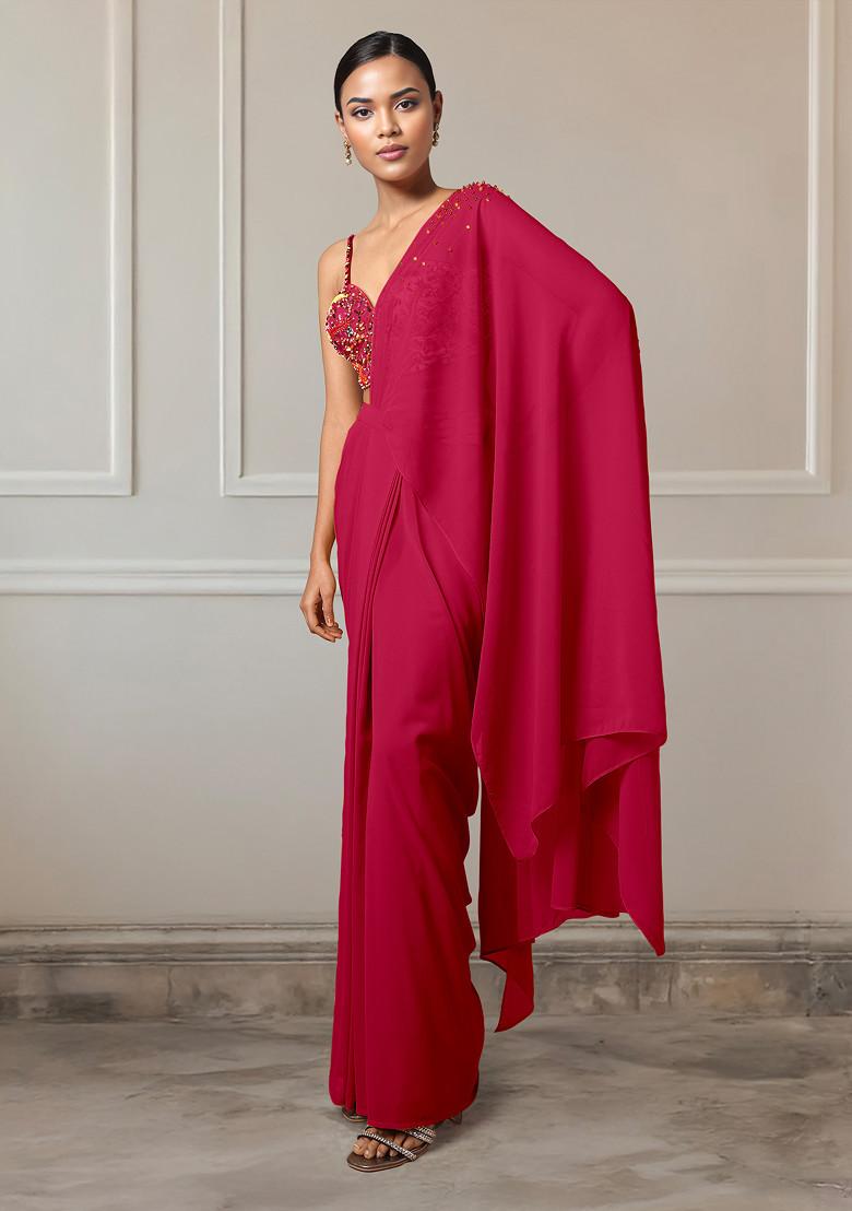 Red Pre-Stitched Saree Set With Hand Embroidered Blouse