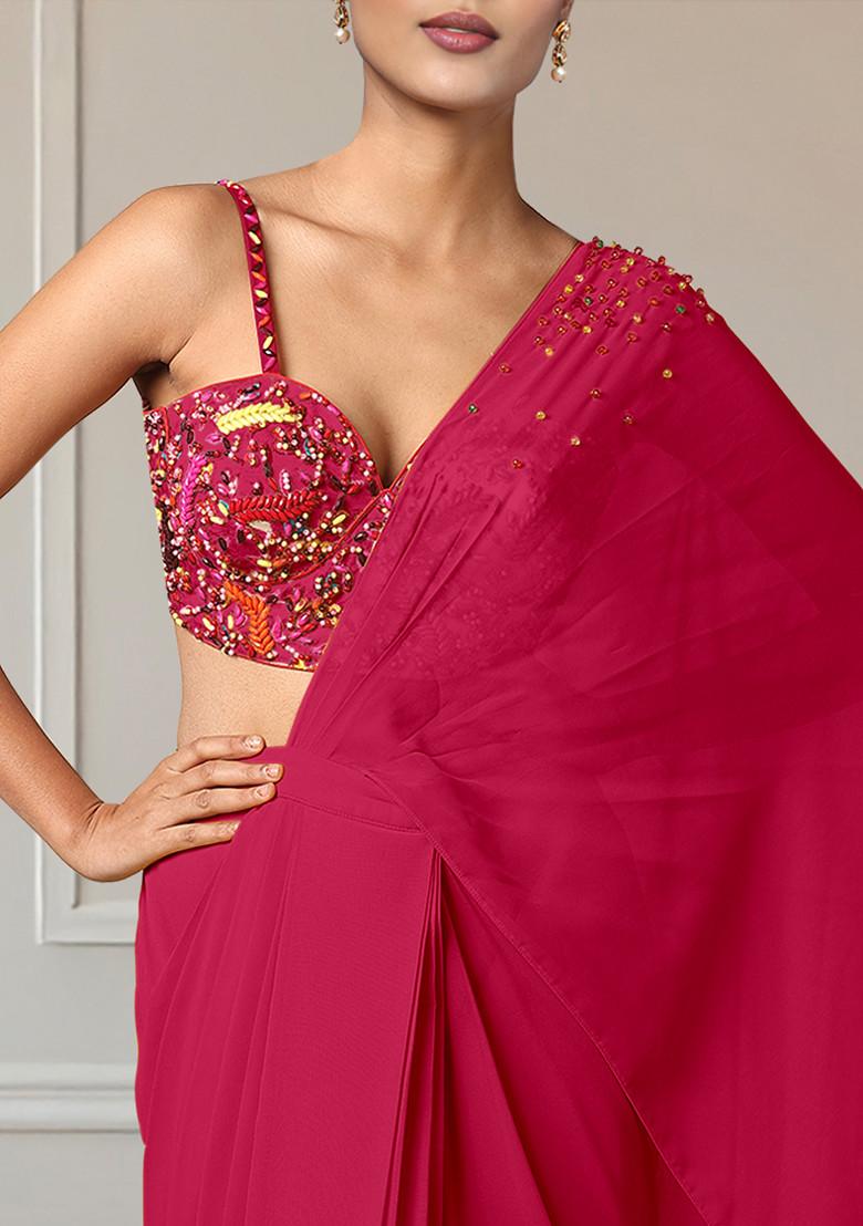 Red Pre-Stitched Saree Set With Hand Embroidered Blouse