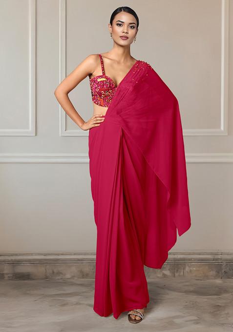 Red Pre-Stitched Saree Set With Hand Embroidered Blouse