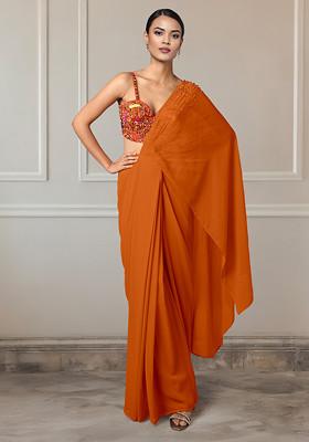 Orange Pre-Stitched Saree Set With Hand Embroidered Blouse