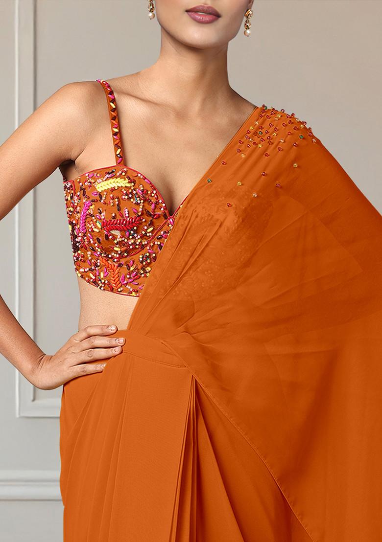 Orange Pre-Stitched Saree Set With Hand Embroidered Blouse