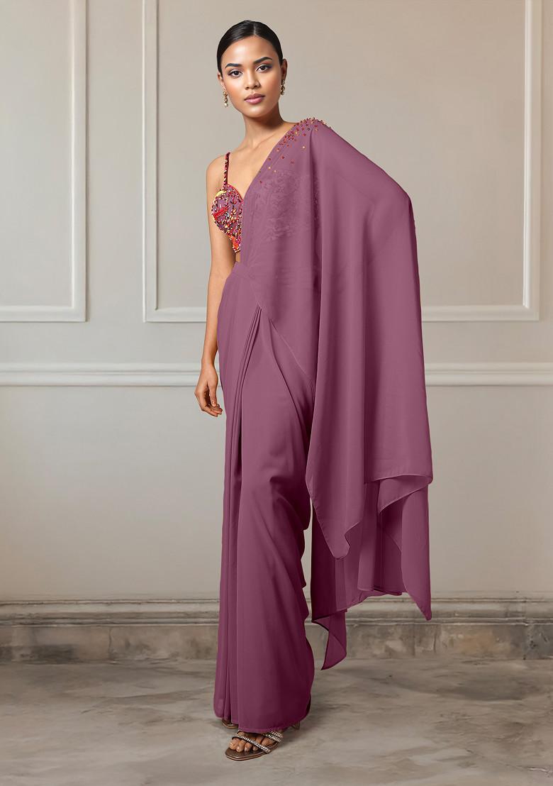 Pink Pre-Stitched Saree Set With Hand Embroidered Blouse