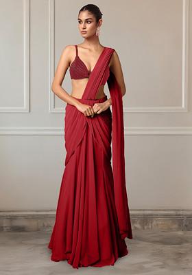 Maroon Pre-Stitched Saree Set With Hand Embroidered Blouse