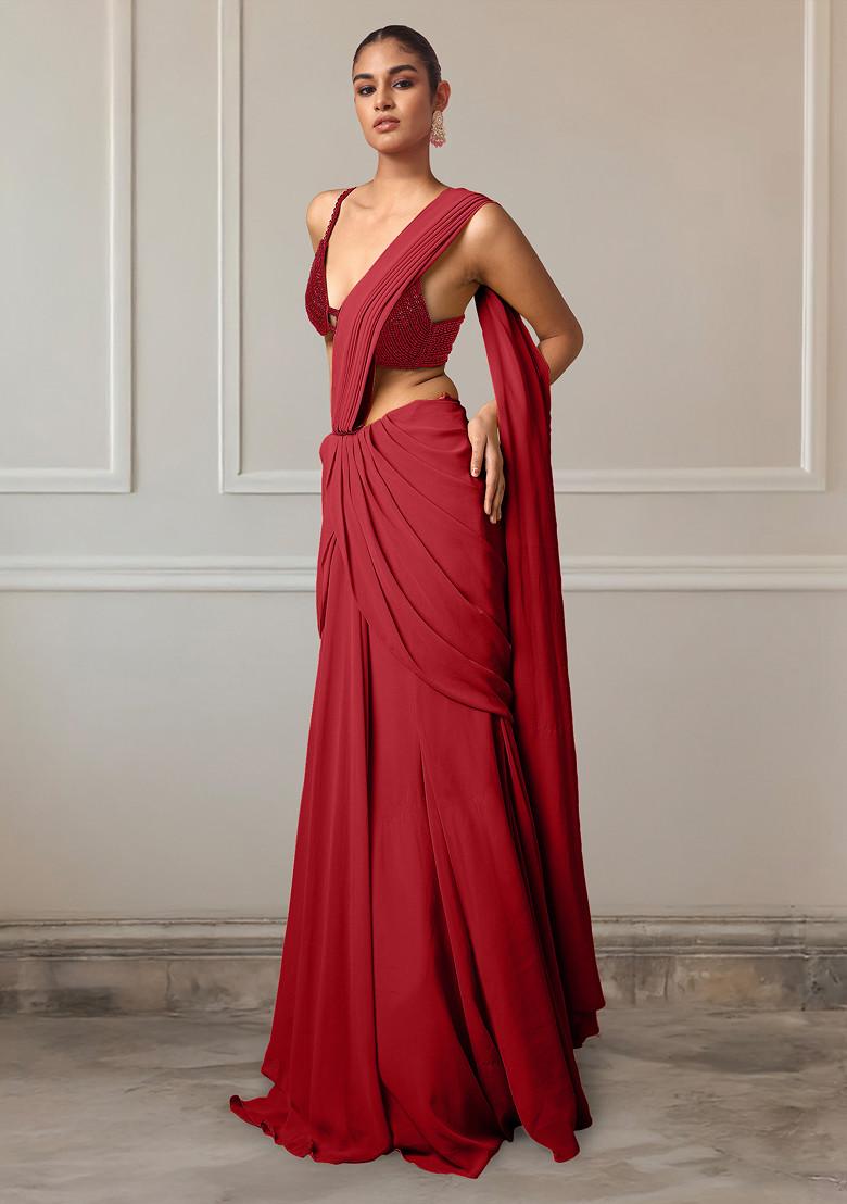 Maroon Pre-Stitched Saree Set With Hand Embroidered Blouse